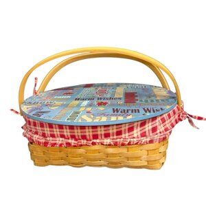 Vintage Christmas Bread Basket Wood Round Bread Round Bottom W/ Lid 12"